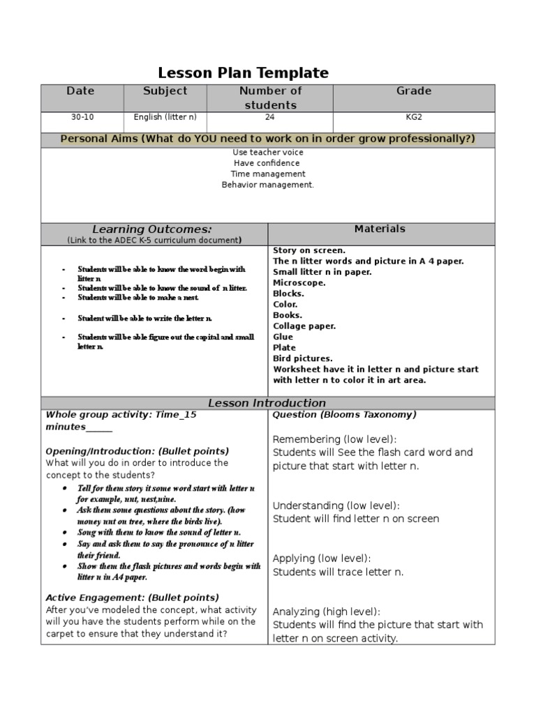 Lesson Plan Template: Date Subject Number of Students Grade | PDF ...