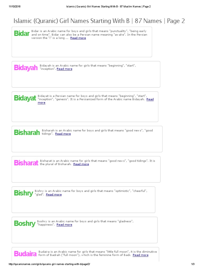 Islamic Quranic Girl Names Starting With B 87 Muslim Names Page 2 Pdf
