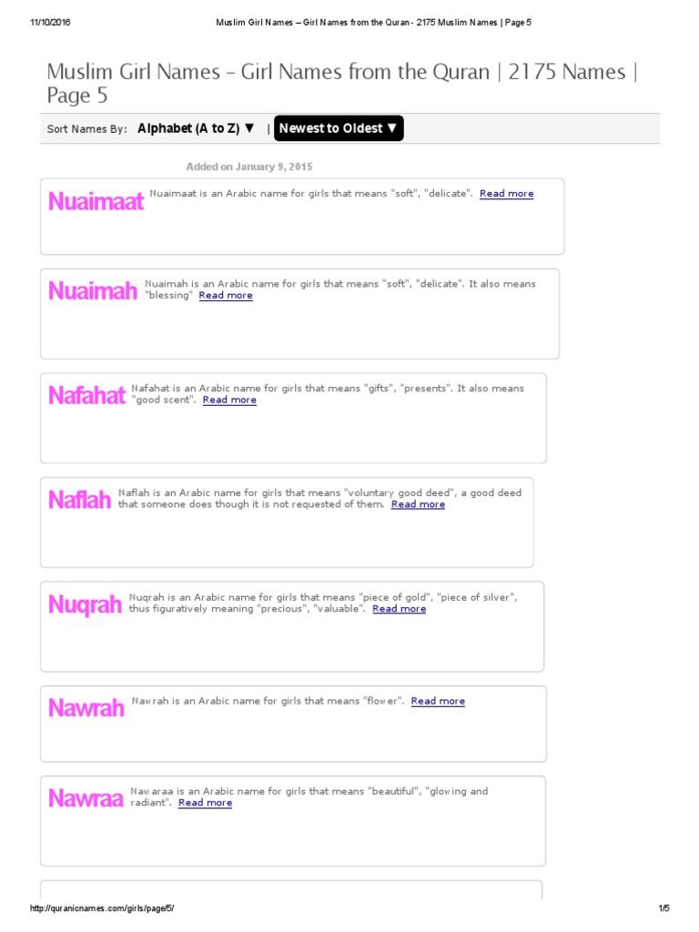 Muslim Girl Names Girl Names From The Quran 2175 Muslim Names Page 5 Pdf Arabic Mecca