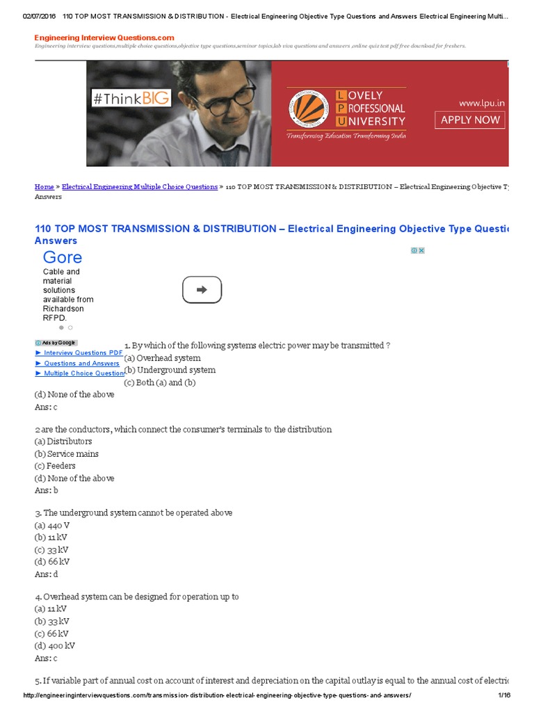 110 TOP MOST TRANSMISSION & DISTRIBUTION Electrical Engineering