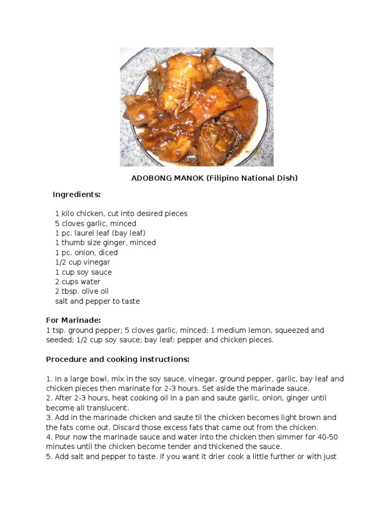 Adobong Manok | PDF | Philippine Cuisine | Tomato Sauce