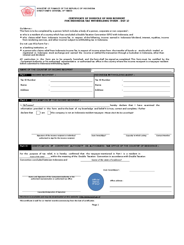 Form DGT 1 PDF Double Taxation Withholding Tax