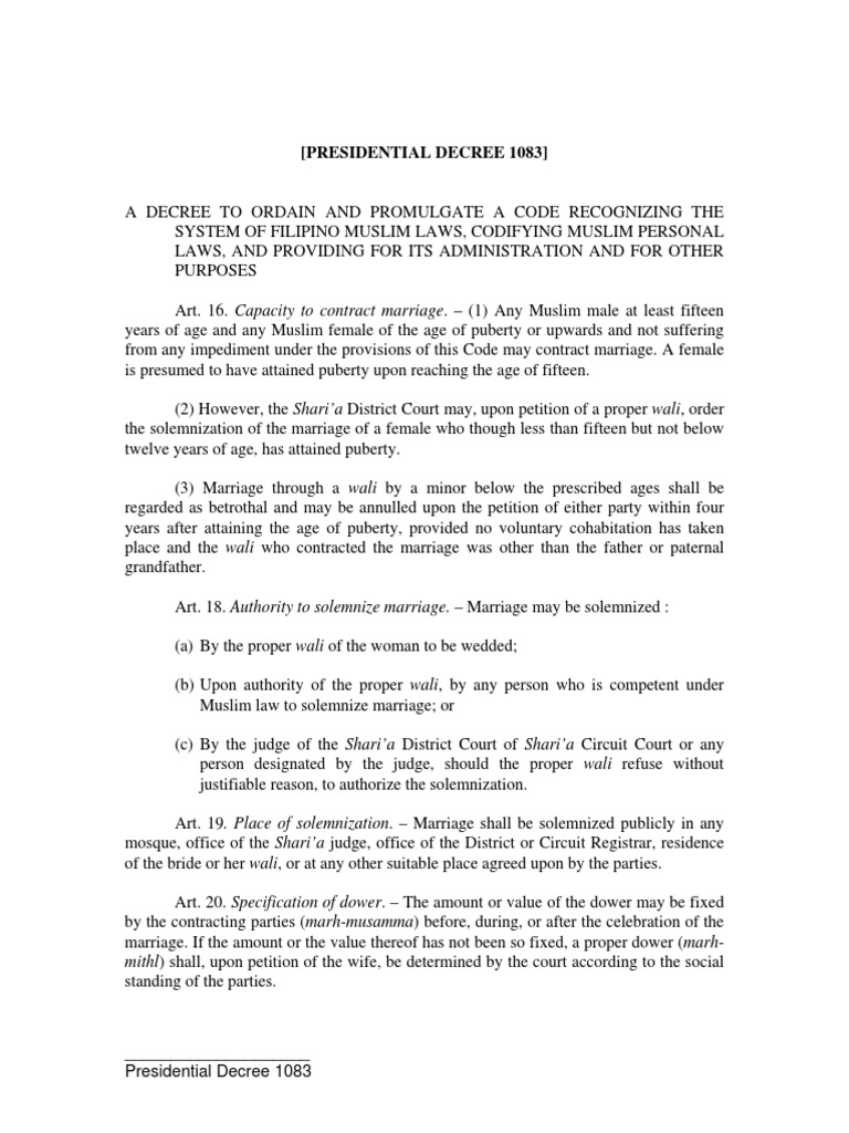 Presidential Decree 1083 | PDF | Marriage | Wife