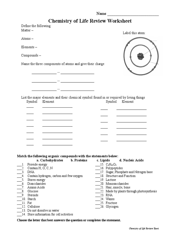 Chemistry of Life Review Worksheet | PDF