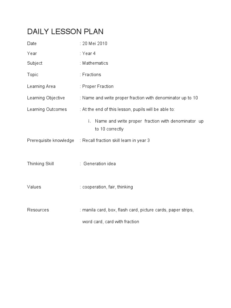 Grade 4 Proper Fraction Lesson Plan | PDF | Fraction (Mathematics ...