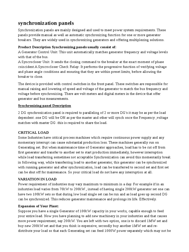Generator Synchronization Panel Overview | PDF | Electric Generator ...