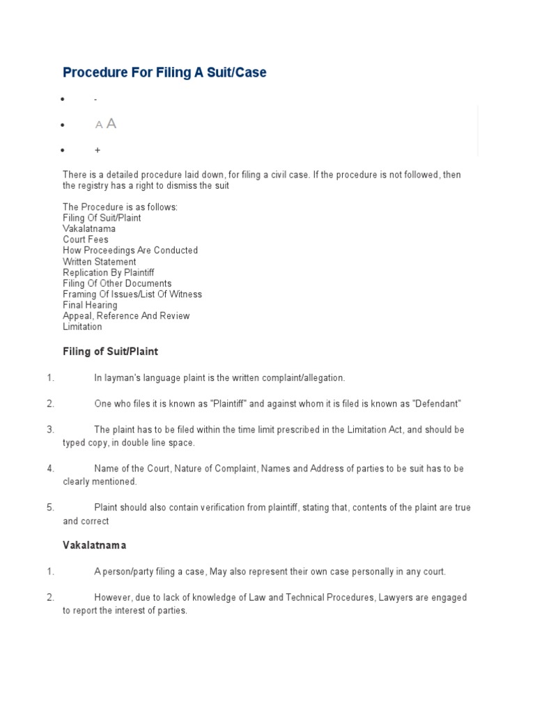 Procedure For Filing A Suit in Civil Suit PDF Lawsuit Appeal