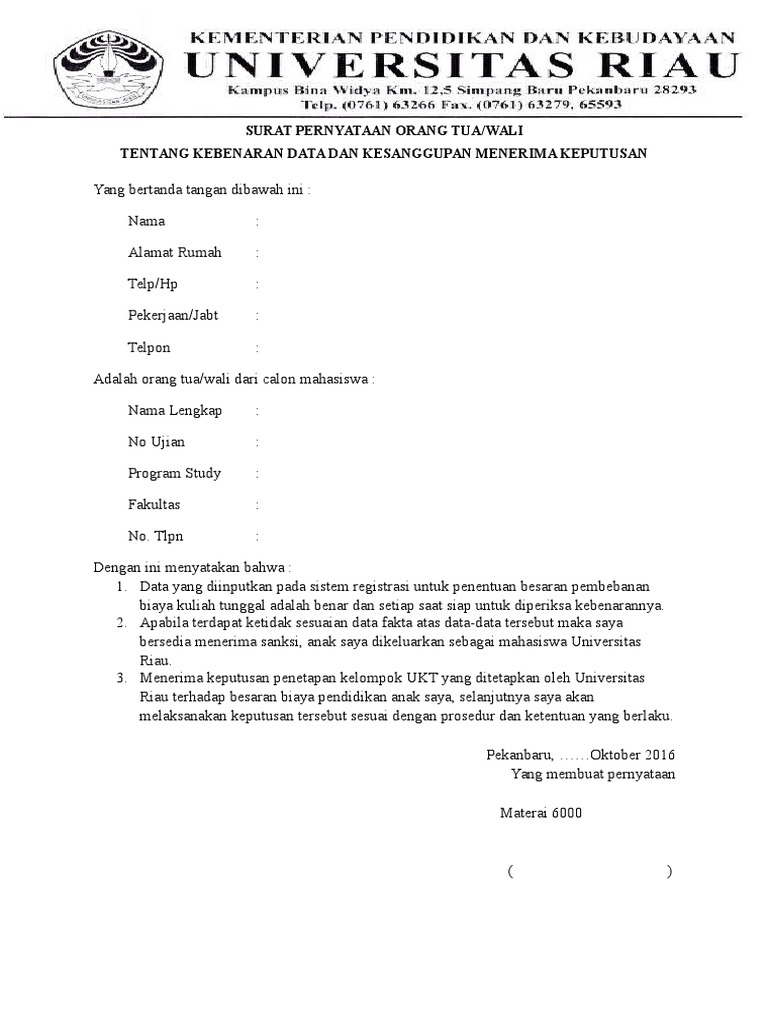Surat Pernyataan Orang Tua