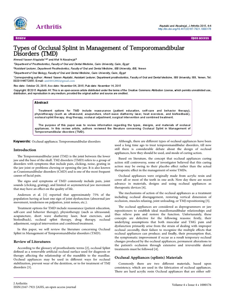 Types of Occlusal Splint in Management of Temporomandibular Disorders ...