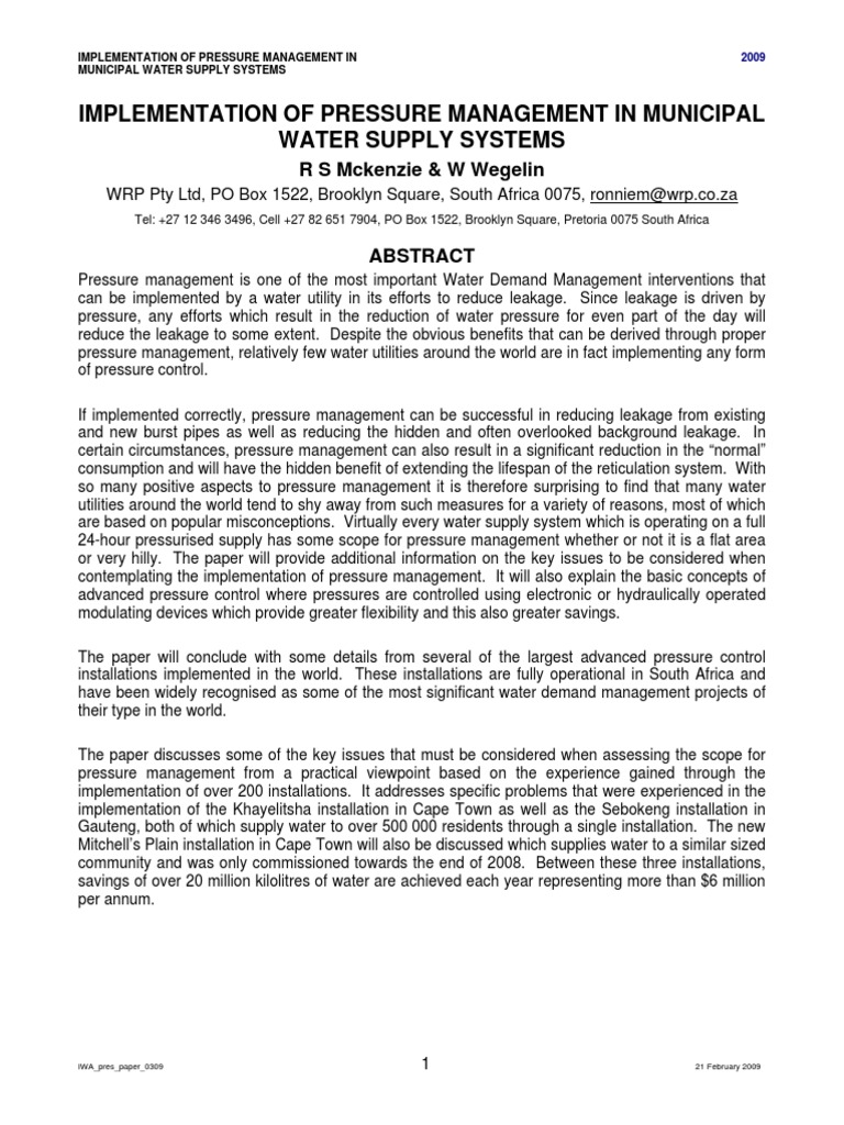 Pressure Management in Water Supply Systems | PDF | Science & Mathematics