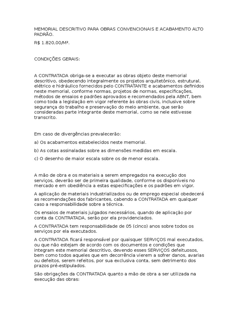 Memorial Descritivo de Acabamentos Alto Padrão | PDF | Argamassa ...