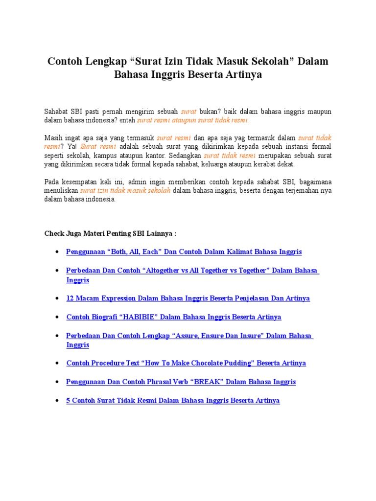 Surat Izin Tidak Masuk Kelas