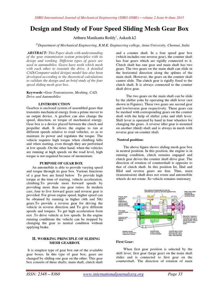 Design and Study of a Four Speed Sliding Mesh Gear Box Analysis of