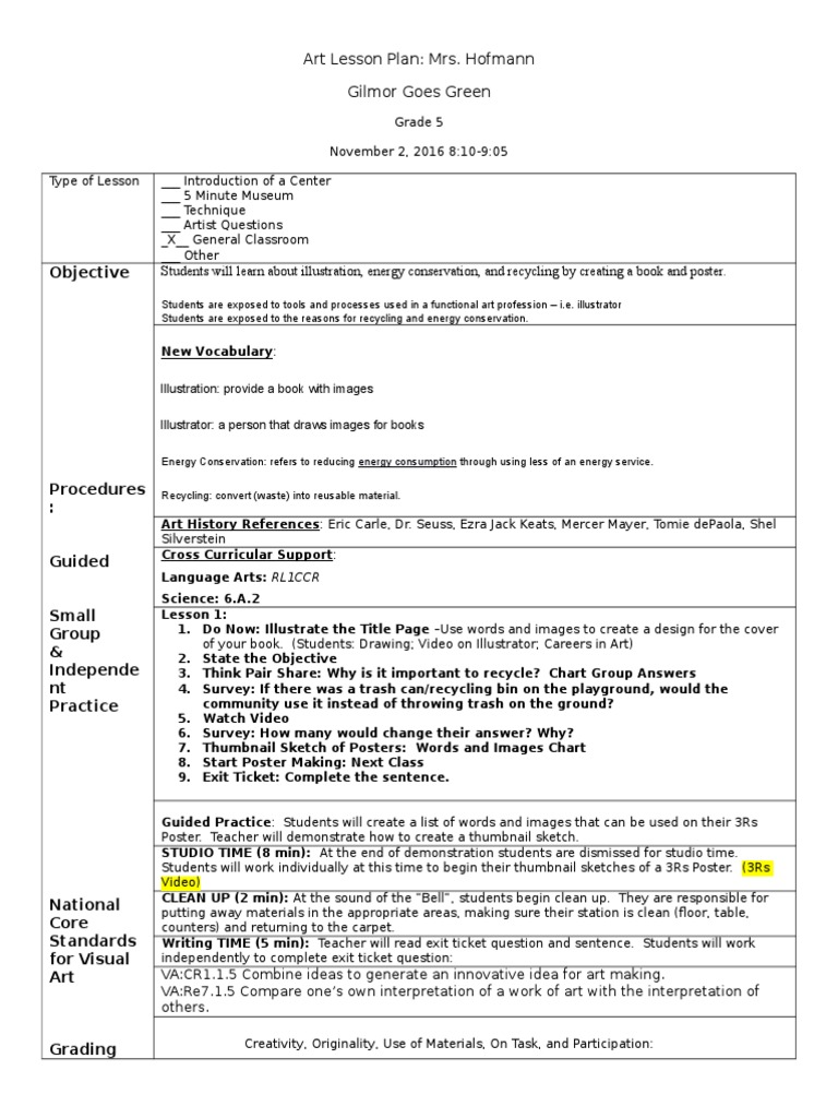 Objective Art Lesson Plan Mrs. Hofmann Gilmor Goes Green PDF