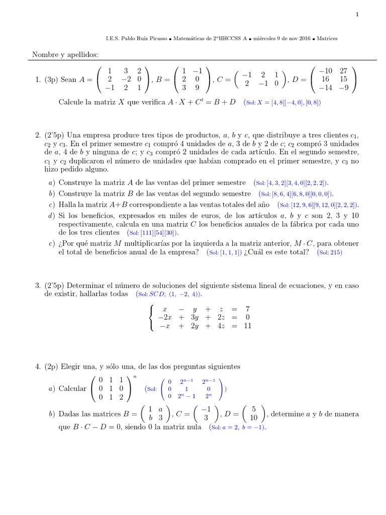 Examen de Matrices | PDF | Determinante | Matriz (Matemáticas)