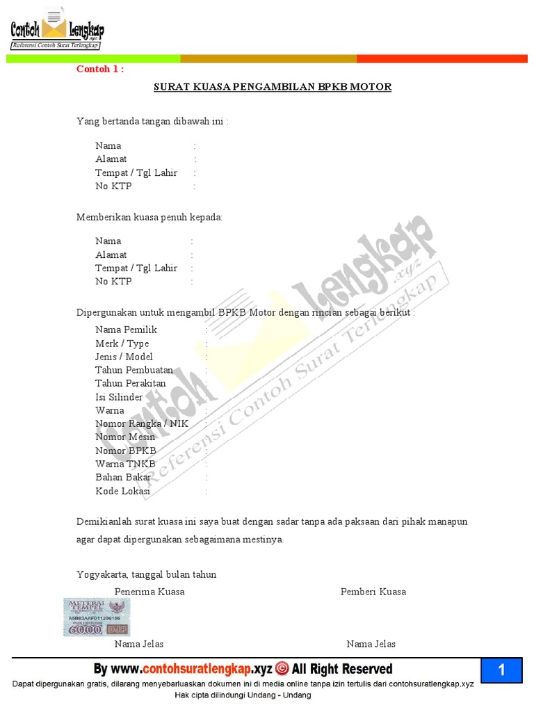 Contoh Surat Kuasa Pengambilan Bpkb Mobil
