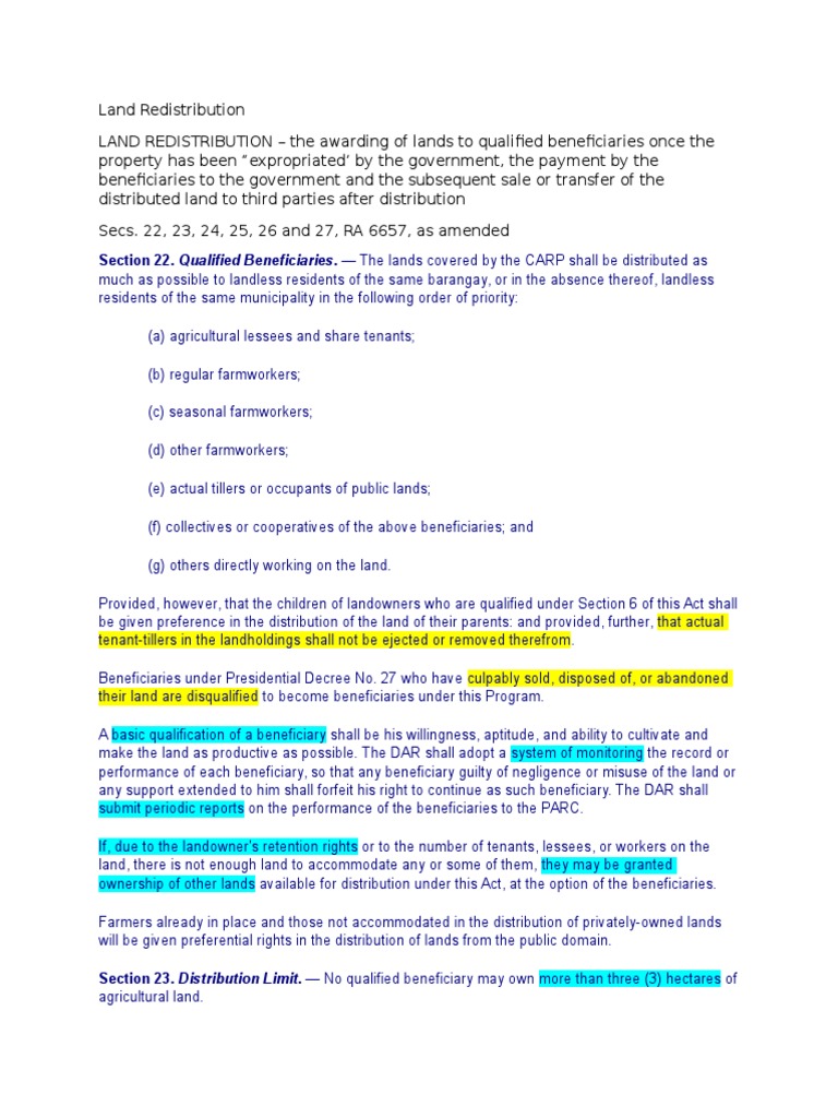 Section 22. Qualified Beneficiaries. The Lands Covered by The CARP Shall Be Distributed As