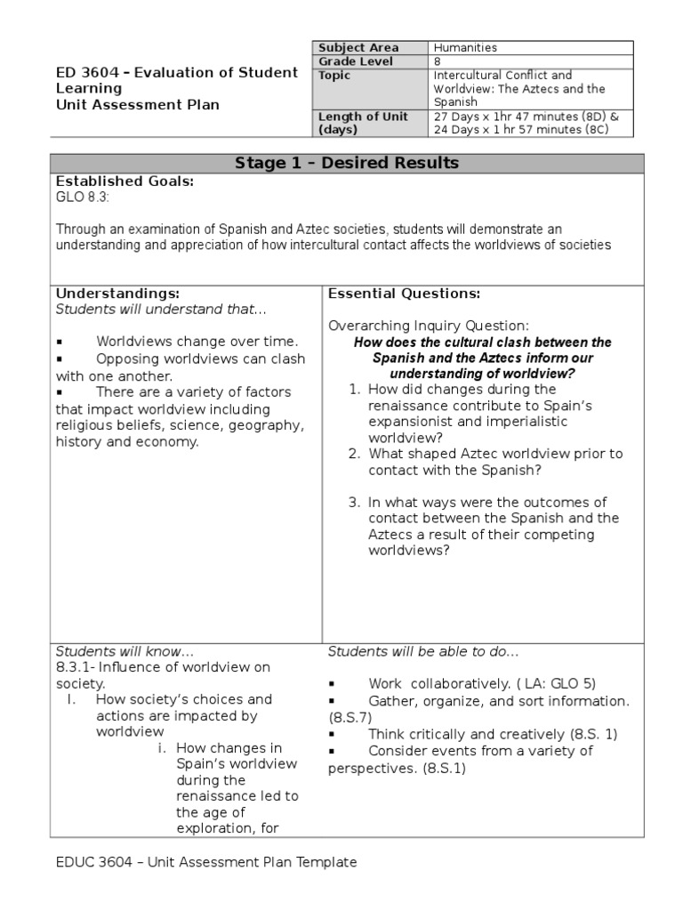 Aztecs vs. Spanish: Worldview Unit Plan | PDF | Educational Assessment ...