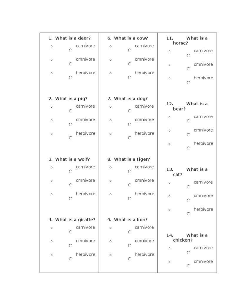 Herbivore Carnivore Quiz PDF