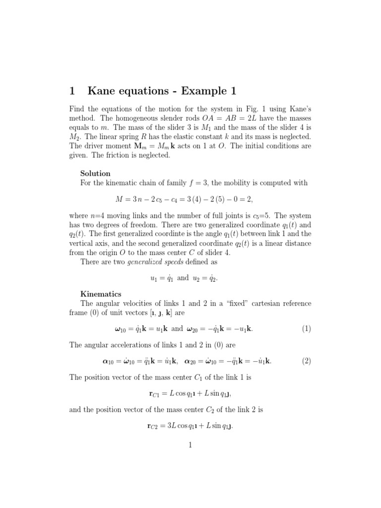 1 Kane Equations - Example 1 | PDF | Kinematics | Classical Mechanics