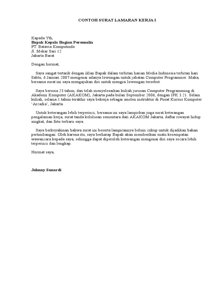 Contoh Surat Lamaran Kerjacv