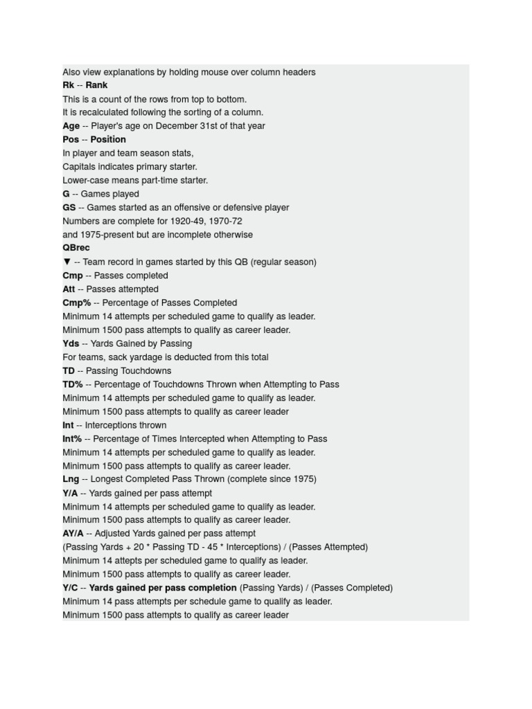 Football Stats Glossary and Abbreviations | PDF | American Football ...