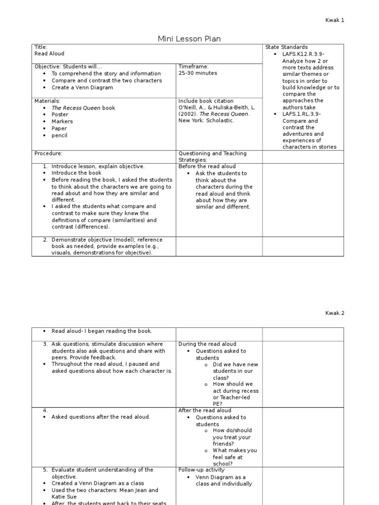 Mini Lesson Plan: The Recess Queen Book | PDF | Lesson Plan ...