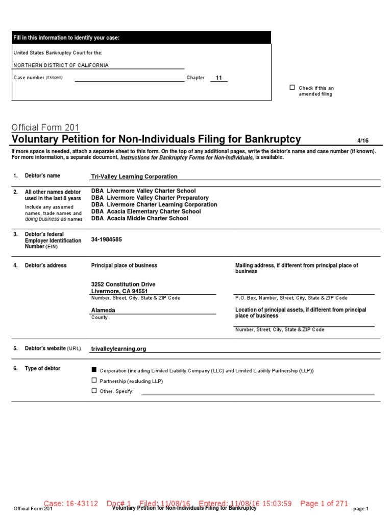 TVLC Voluntary Petition Chapter 11 2016-11-08 | PDF | Chapter 11 |  Unsecured Debt
