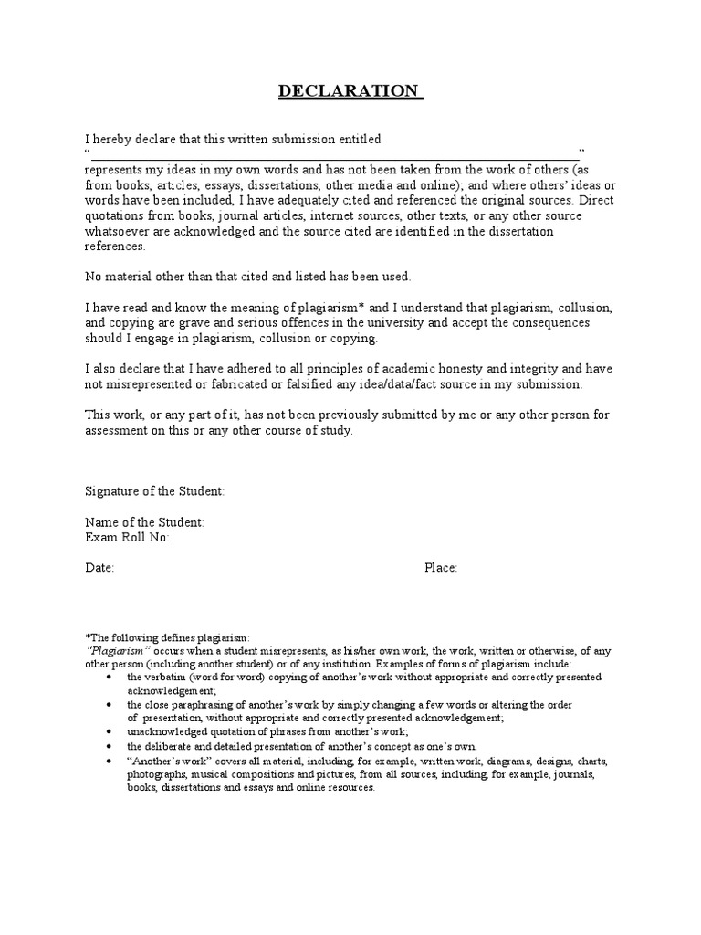 dissertation plagiarism declaration