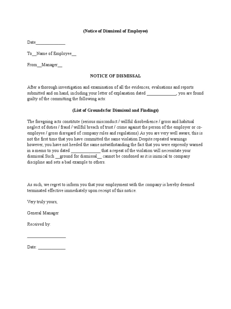 Notice of Dismissal of Employee PDF