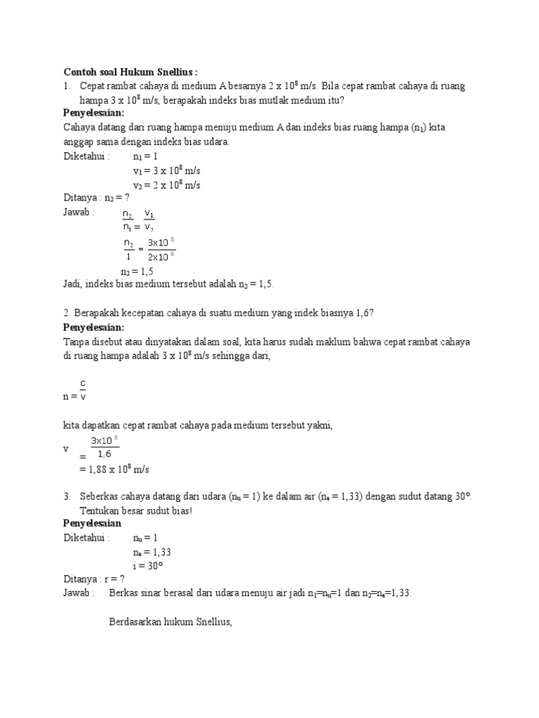 Contoh Soal Hukum Snellius