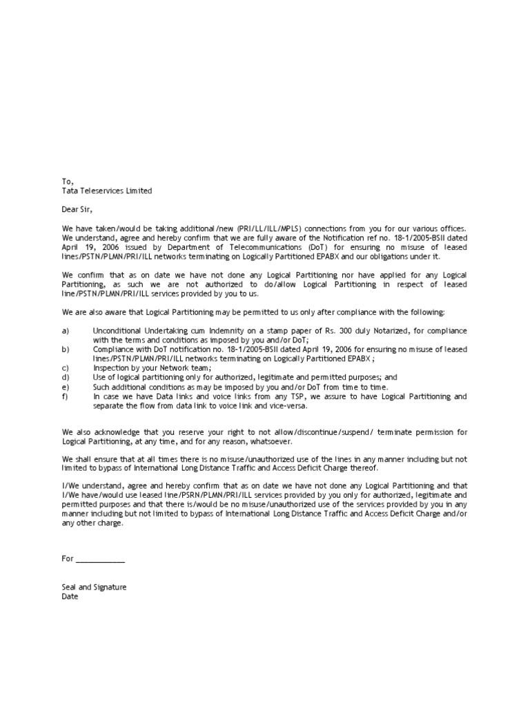Declaration for Tata Teleservices Connection | PDF
