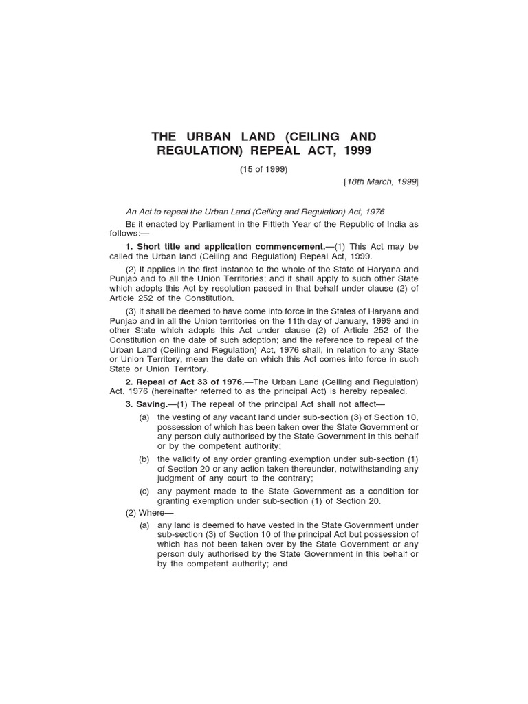 The Urban Land Ceiling And Regulation Repeal Act 1999