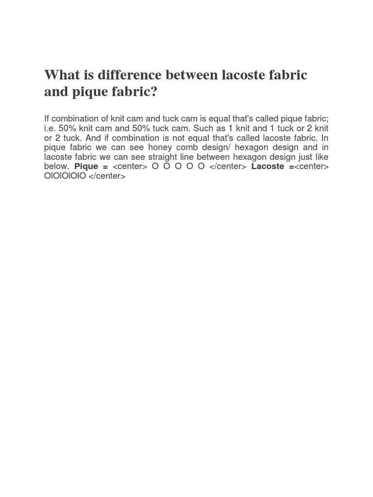 What Is Difference Between Lacoste Fabric and Pique Fabric? PDF