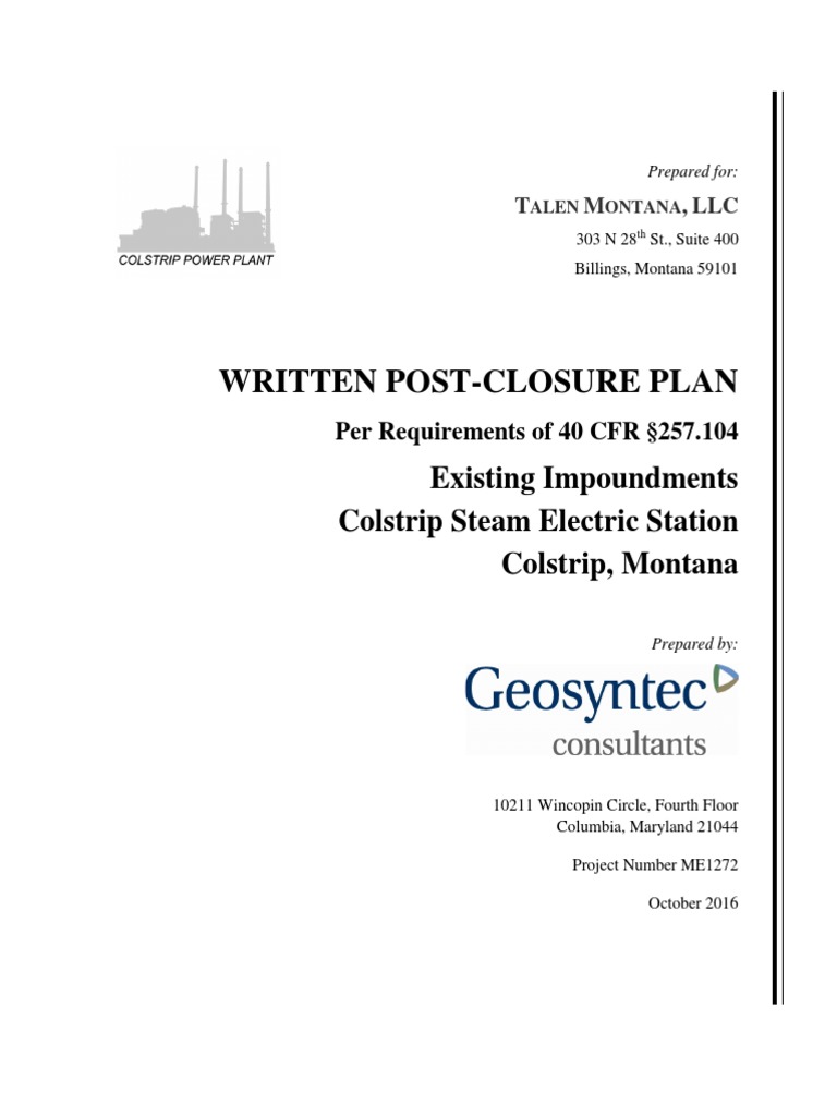 Colstrip CCR Post Closure Plan October 2016 12BFA PDF Resource