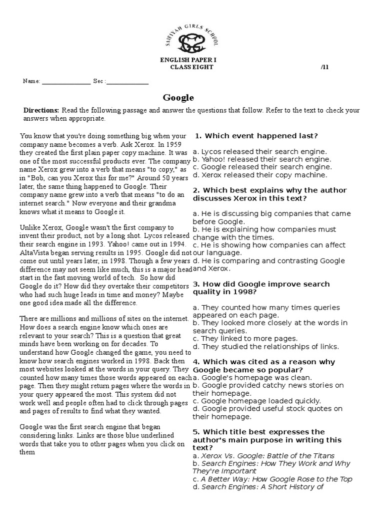 Google Directions Read the following passage and answer the questions that follow. Refer to