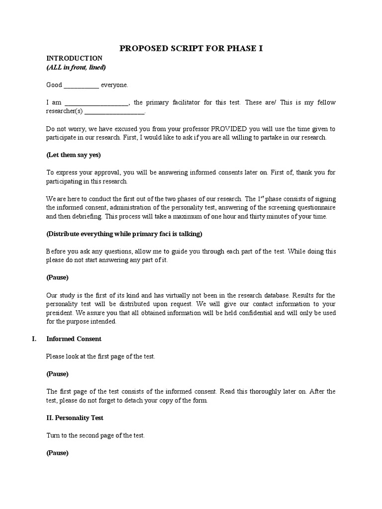 Proposed Script For Phase I: (ALL in Front, Lined) | Download Free PDF ...