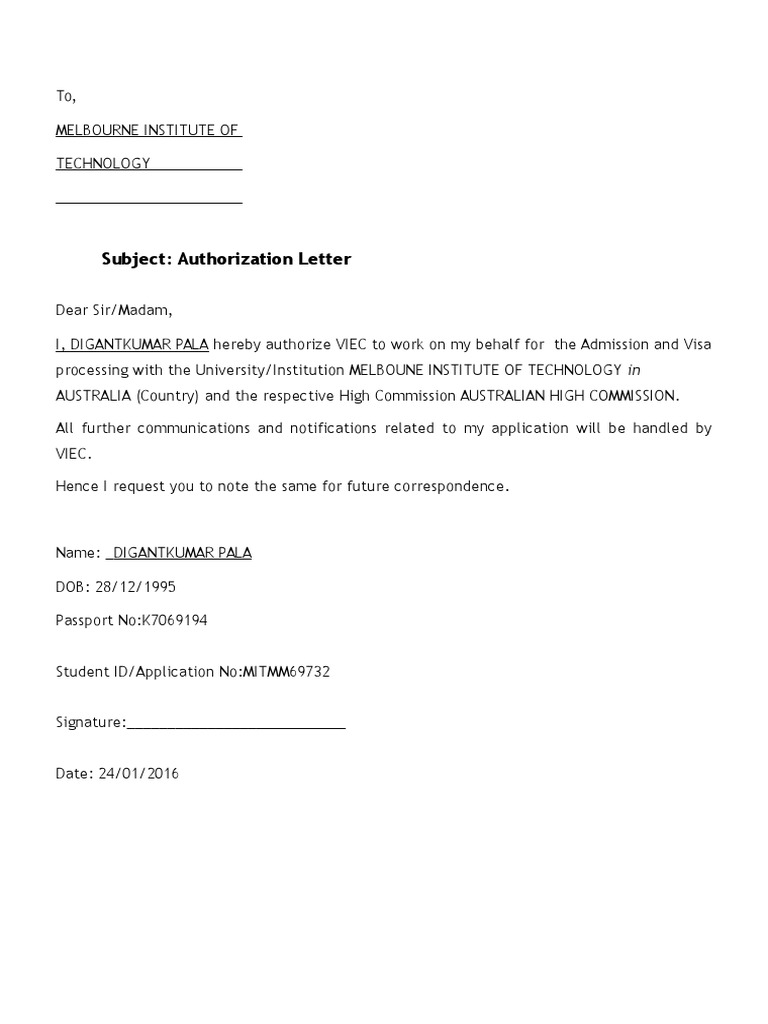 Authorization Letter for MIT Admission | PDF
