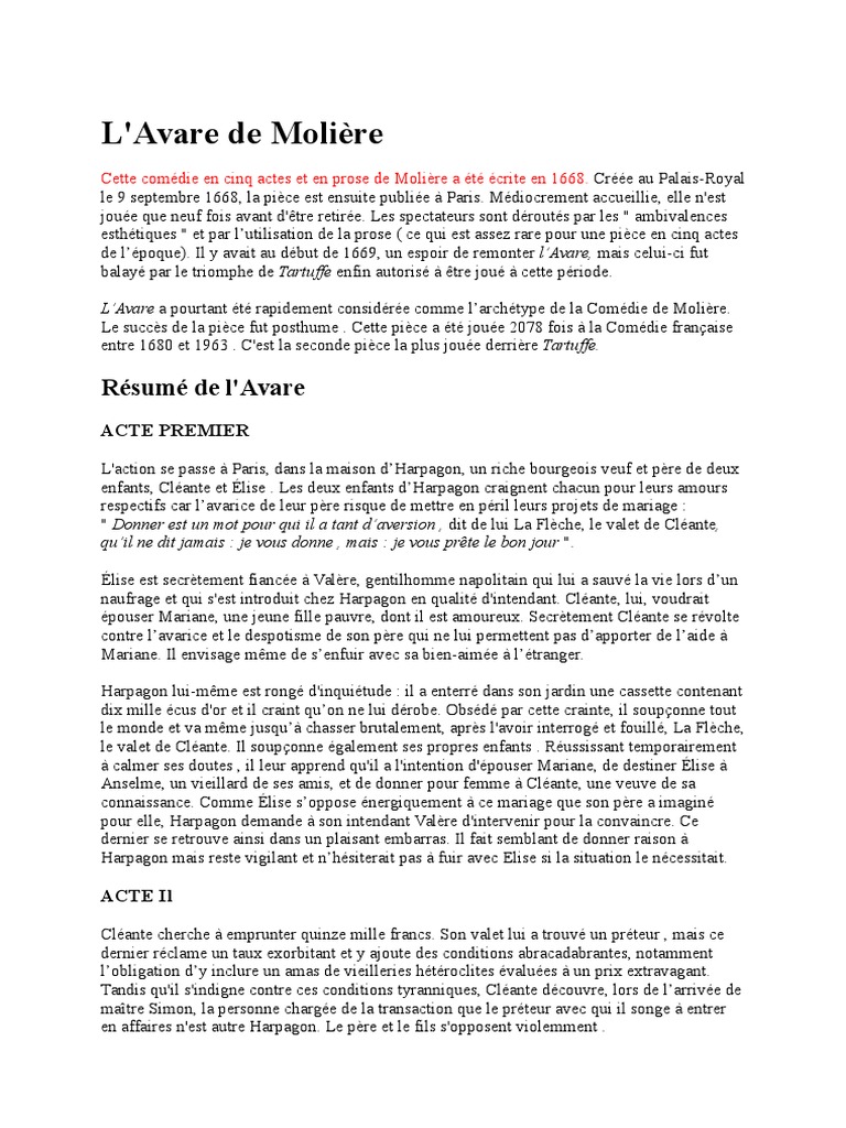 L Avare De Molière Résumé Court