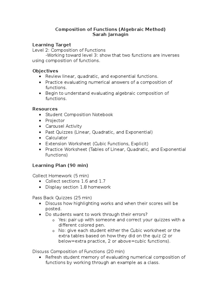 Composition of Functions Lesson Plan | PDF | Educational Assessment ...
