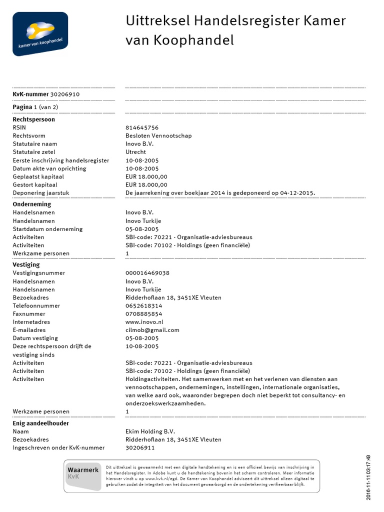 Dutch Business Registration For Inovo BV PDF