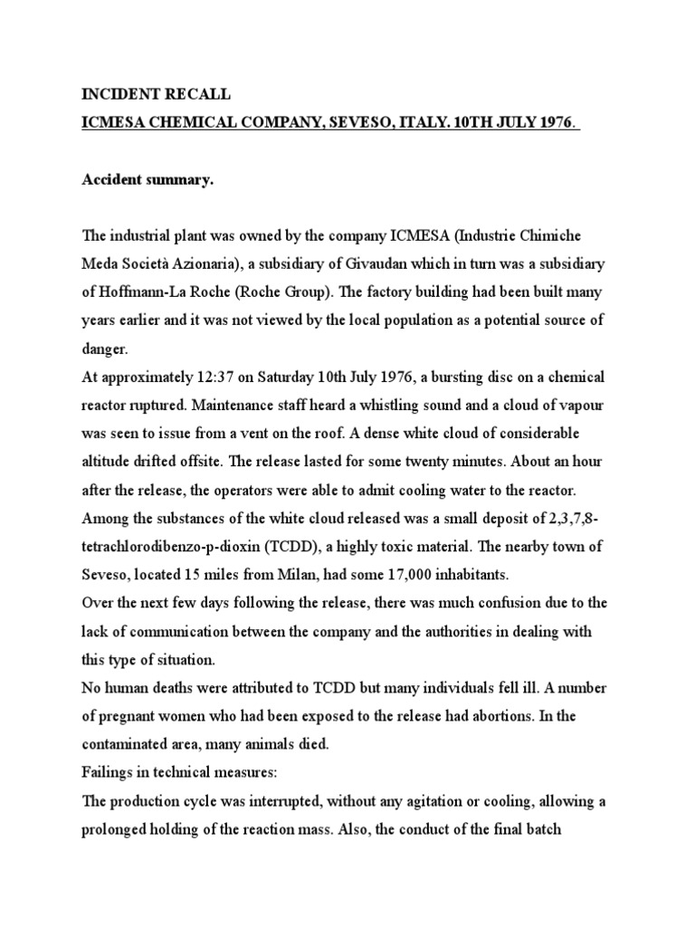 Seveso Disaster: ICMESA Incident Analysis | PDF | Law | Technology ...