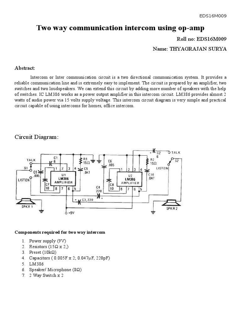 Two way communication intercom using op-amp: Circuit Diagram