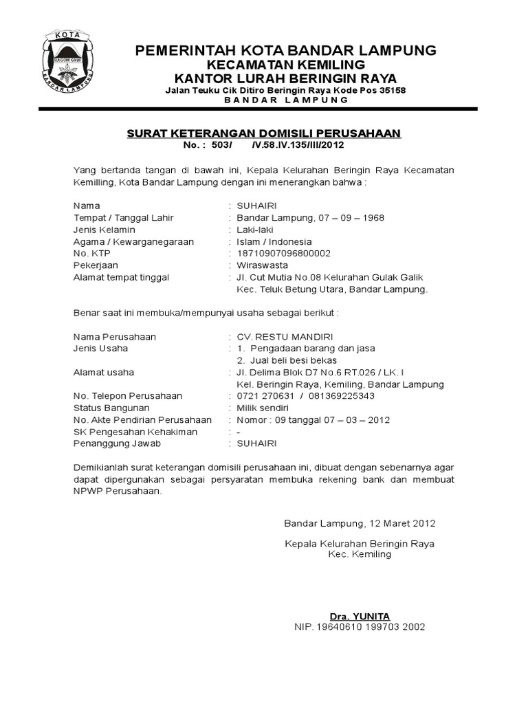 Contoh Surat Keterangan Domisili Perusahaan Pdf