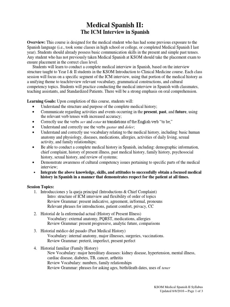 Medical Spanish II Syllabus PDF Medical School Medicine