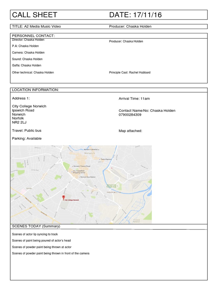 A2 Media Music Video Call Sheet | PDF | Travel | Art