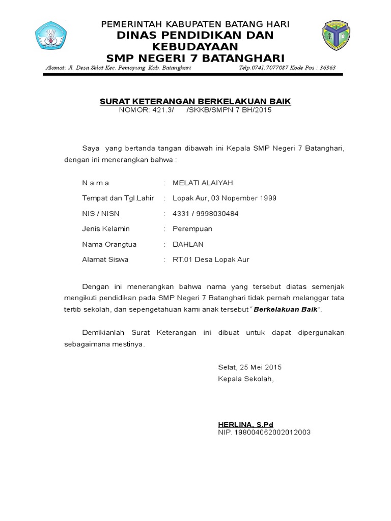 Surat Kelakuan Baik Dari Sekolah Smp