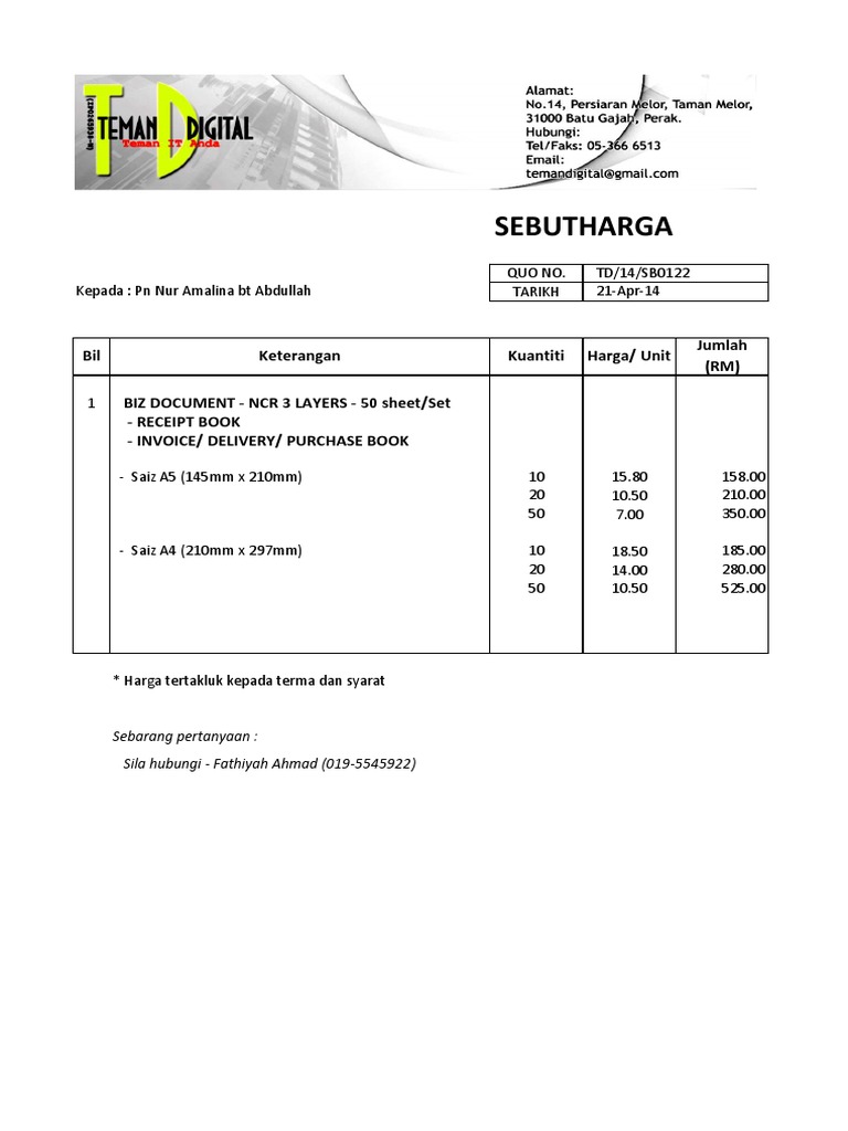 Contoh Permohonan Sebut Harga Quotation - HarleyqiDaniel