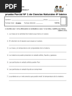 Prueba Parcial Nº 1 Ciencias Naturales (La Materia)