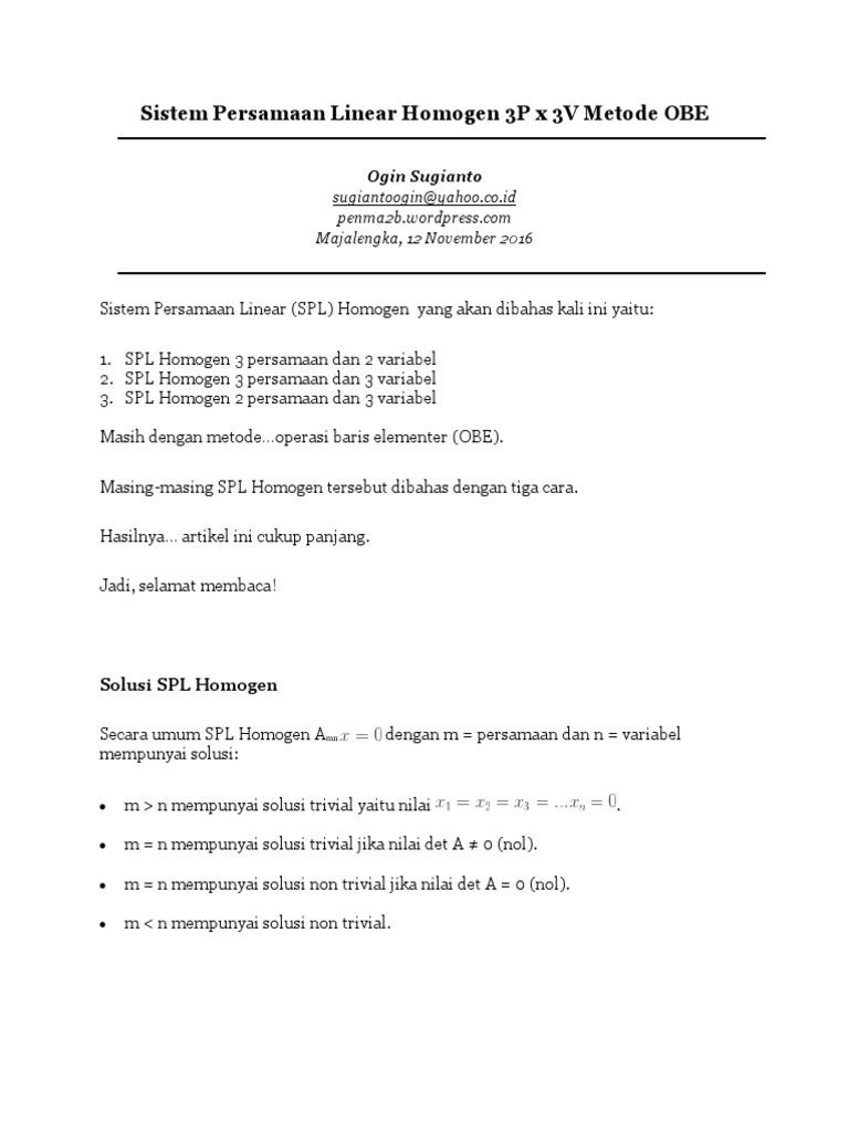 Sistem Persamaan Linear Homogen 3P X 3V Metode OBE | PDF | Seni ...